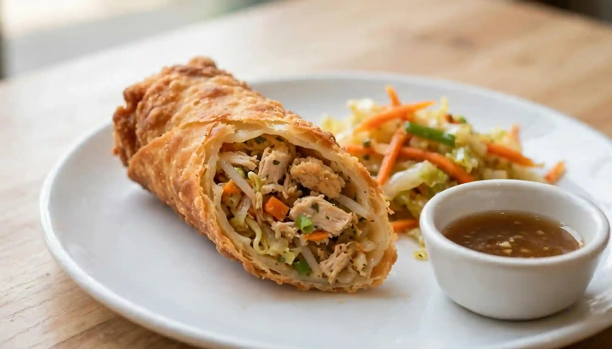 A sliced chicken egg roll on a white plate beside a small dipping sauce cup.